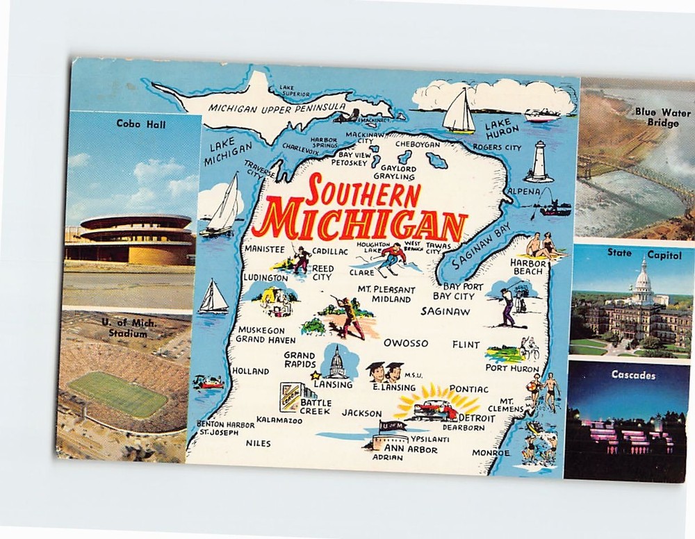 Postcard Map & Attractions Southern Michigan USA