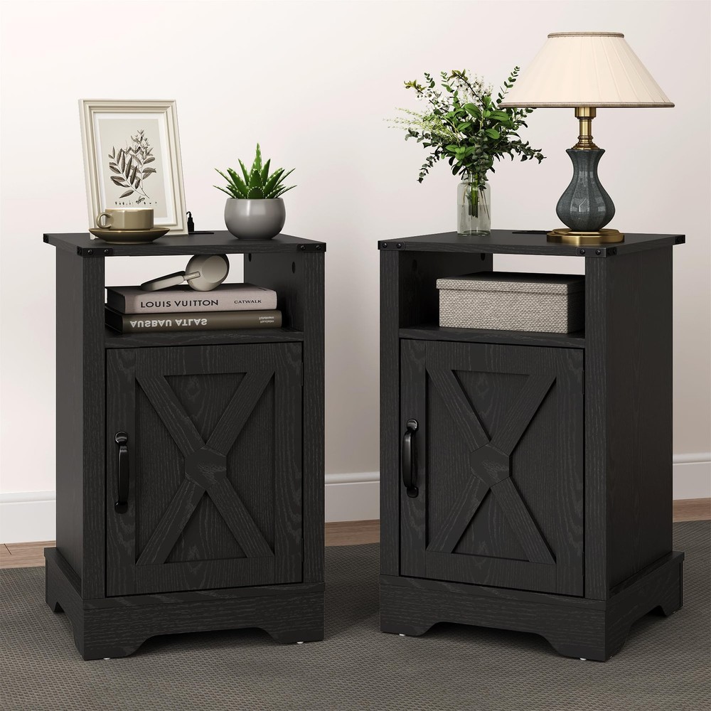 Rustic Black Nightstand Set of 2 with Charging Station  Storage