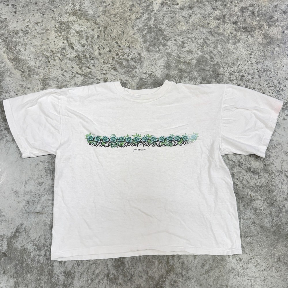 Vintage Hawaii Shirt Womens Large White Floral Graphic Souvenir Tee 90s Cotton
