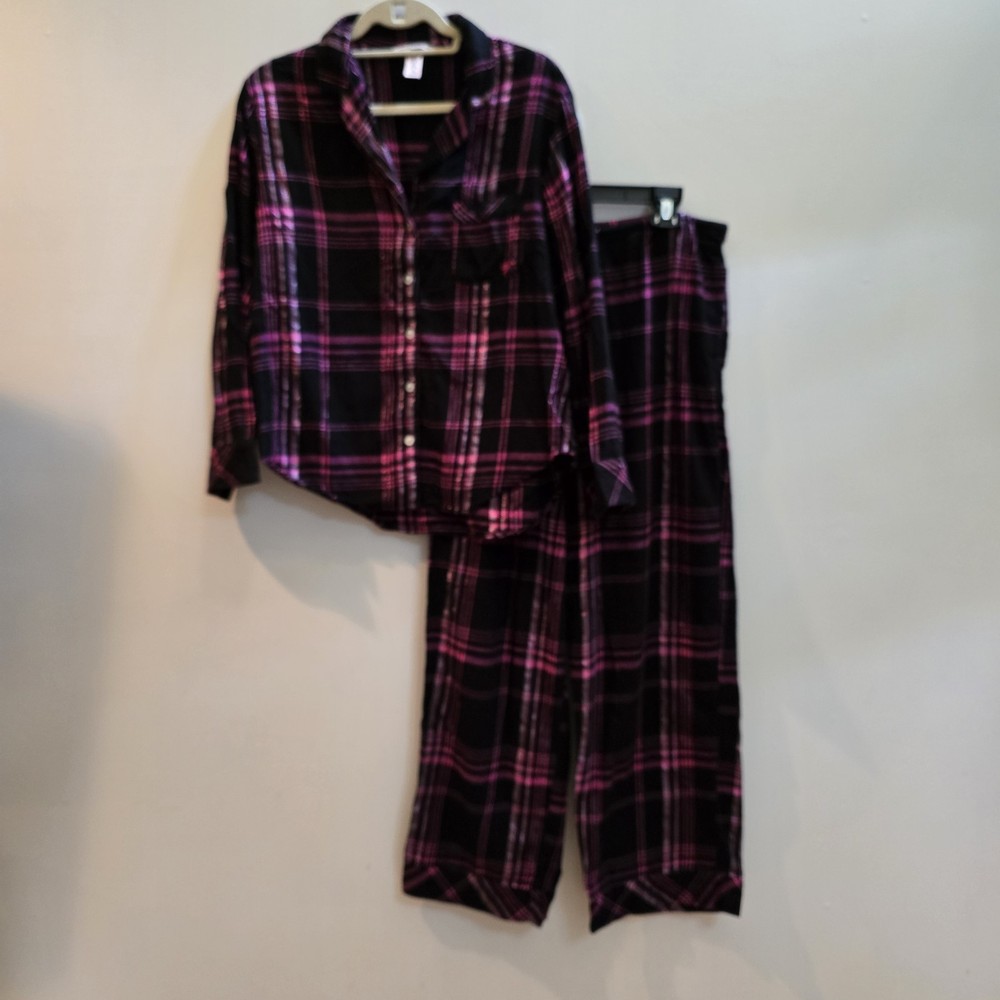 Victorias Secret Flannel Long Pajama Set Womens Medium Plaid Black Pink Shimmer
