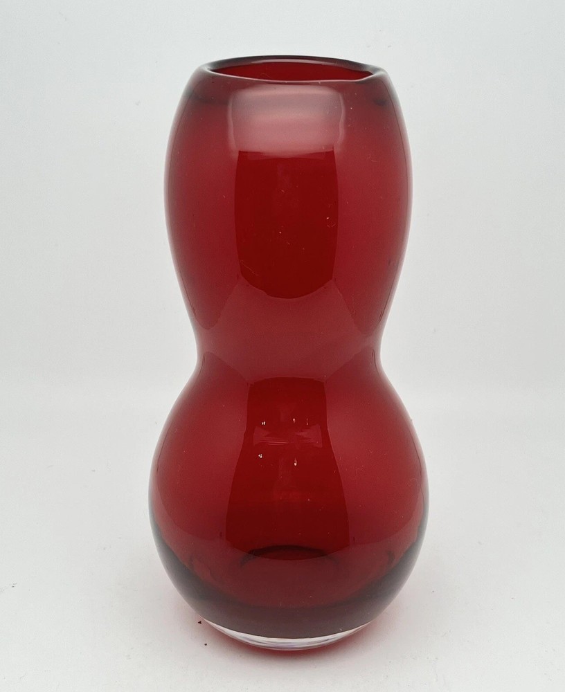 Vtg Hand Blown Art Glass Ruby Red Vase Gourd Shaped Heavy Decor 8.75” Tall