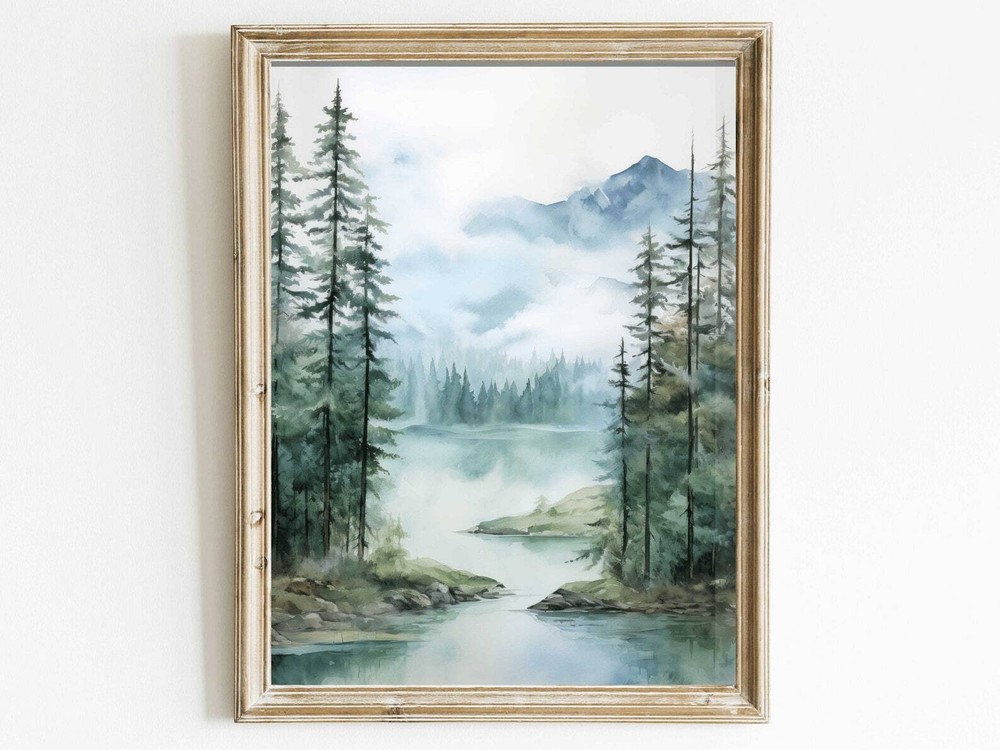 Lake Mountain Wall Art Watercolor Forest Landscape Painting Teal Bedroom Or