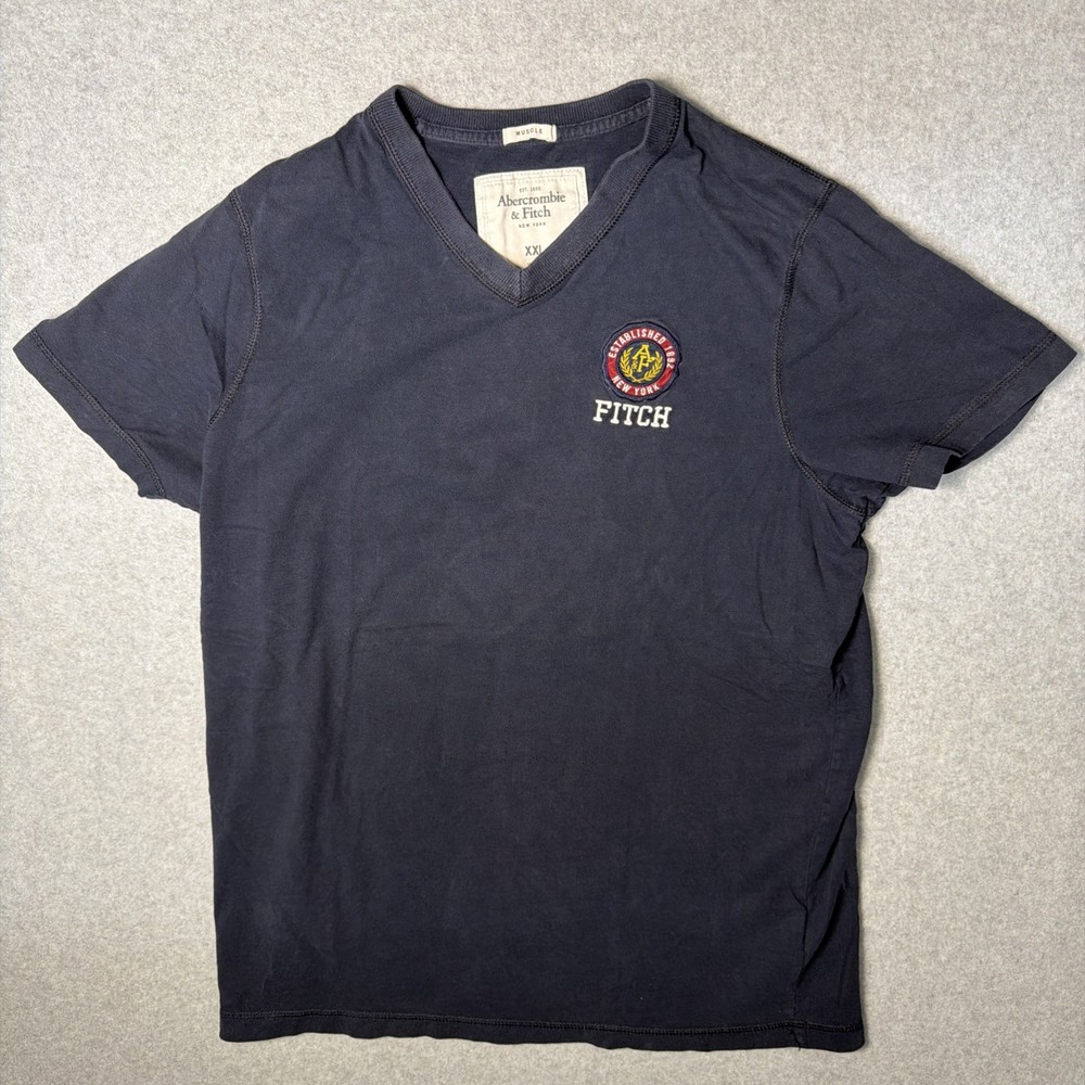 Abercrombie & Fitch Shirt Mens 2XL Blue V Neck Muscle Fit Logo Y2K Embroidered