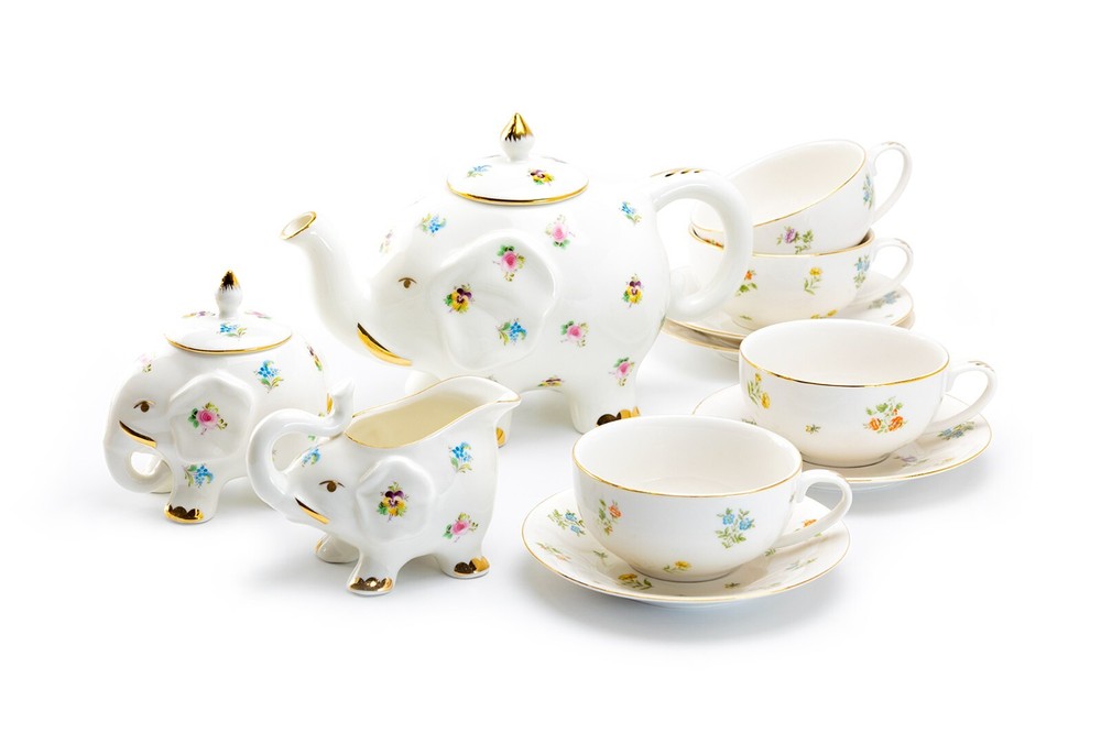 Grace Teaware Floral Elephant with Gold Trim Fine Porcelain Tea Set