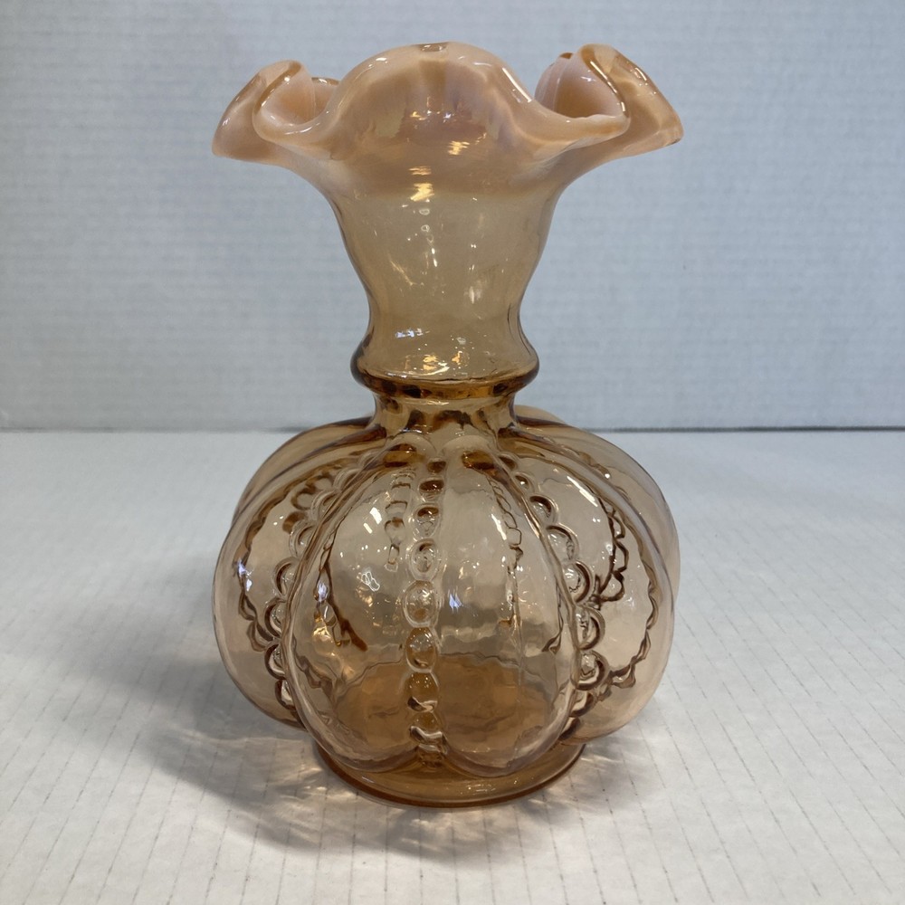 Vintage Fenton  Cameo opalescence Amber beaded  melon, Vase 6
