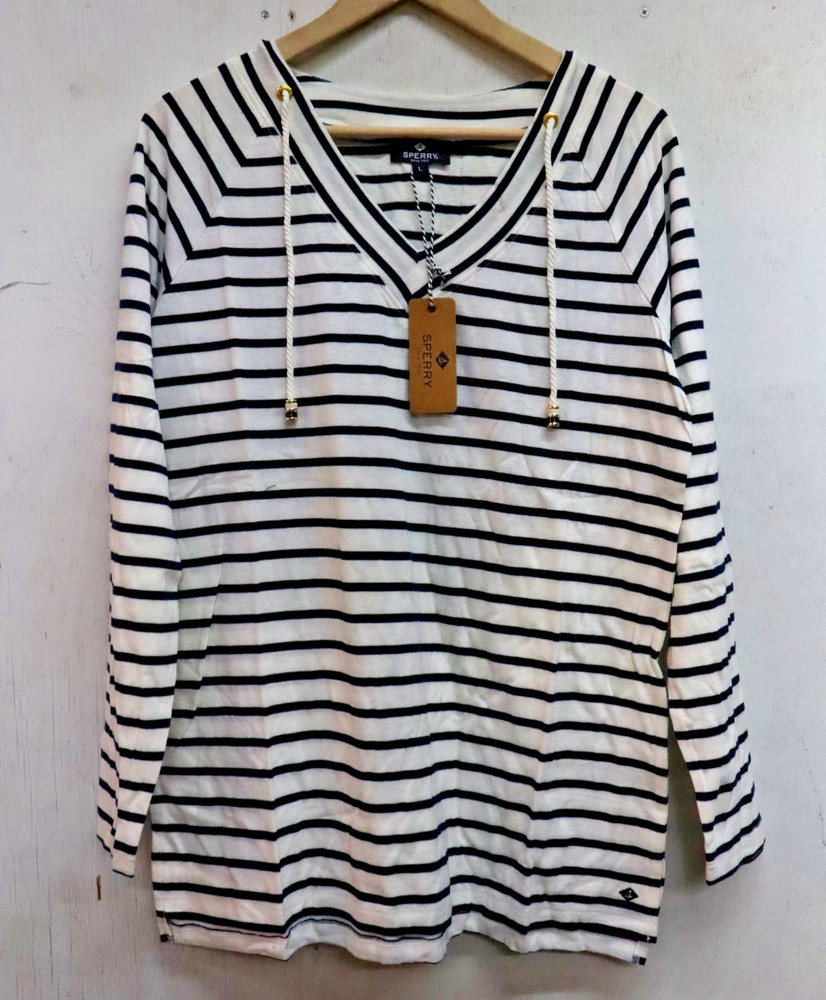 Sperry Bree Easy V-Neck Drawcord Long Sleeve Top (P92AN10) Navy Stripe Sz XLarge