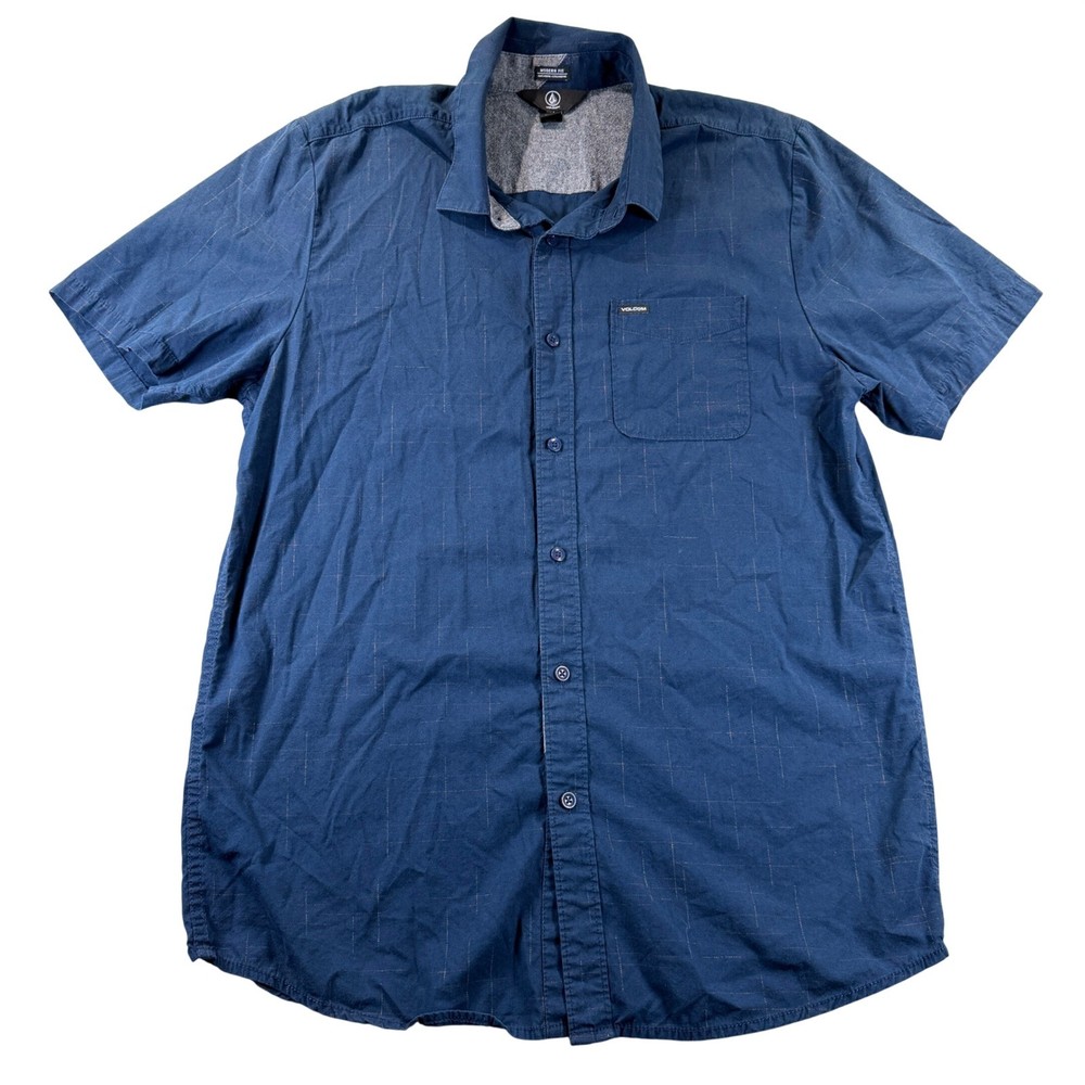 Volcom Shirt Modern Fit Cotton Viscose Large Blue Short Sleeve Grid Skater