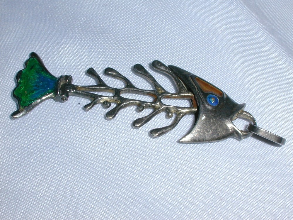 2 Sided-Antique Italian Silver Enameled Jointed Fish Pendant W / Moving Tail!
