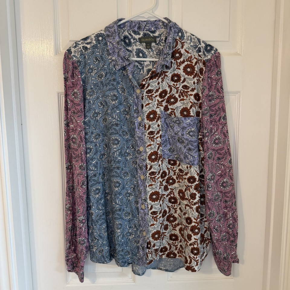 Style & Co Womens Floral Button Down Patchwork Multicolor Pocket Boho Artsy XL