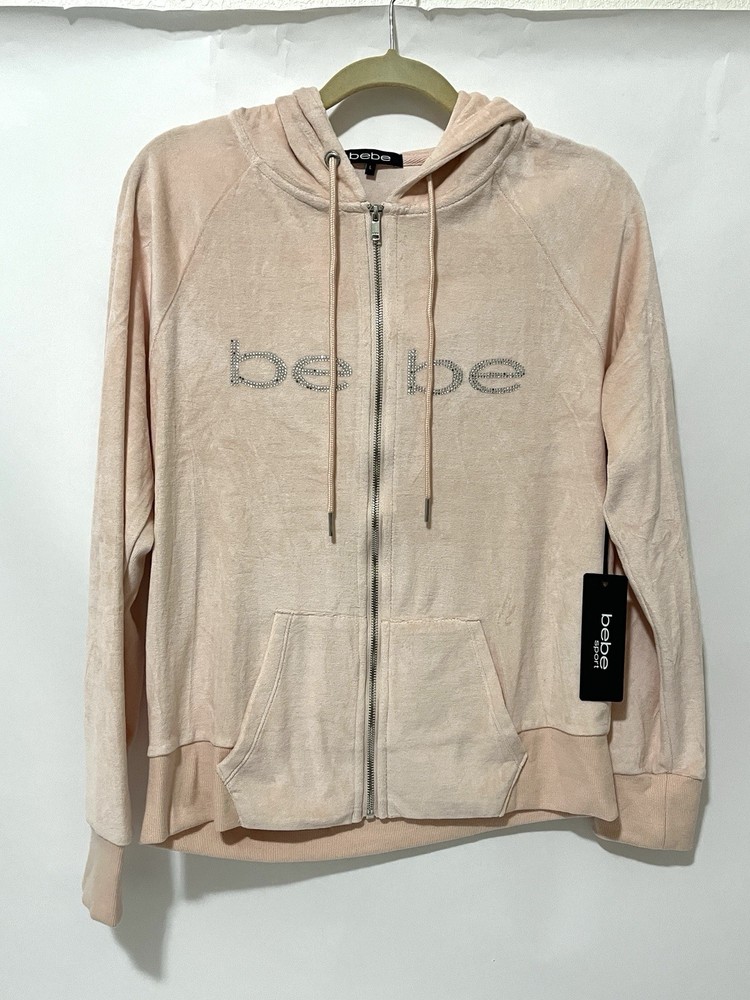 NWT Bebe Sport Velour Zip Up Hoodie Rhinestone Logo Light Pink Size L