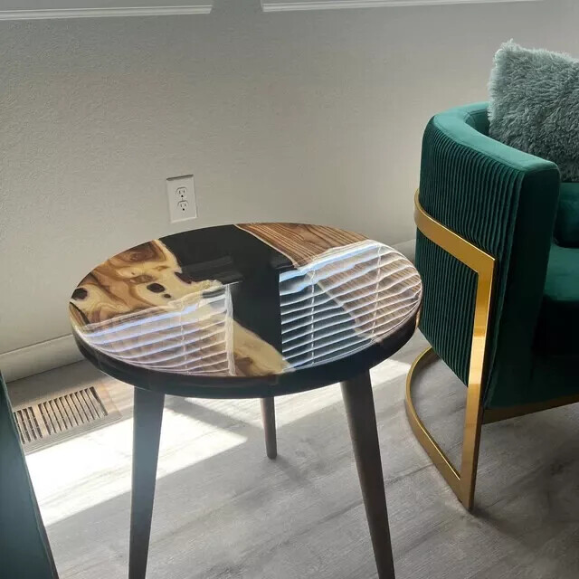 Round Black Resin River Side Table in Oleaster Wood, Coffee Table, End Table
