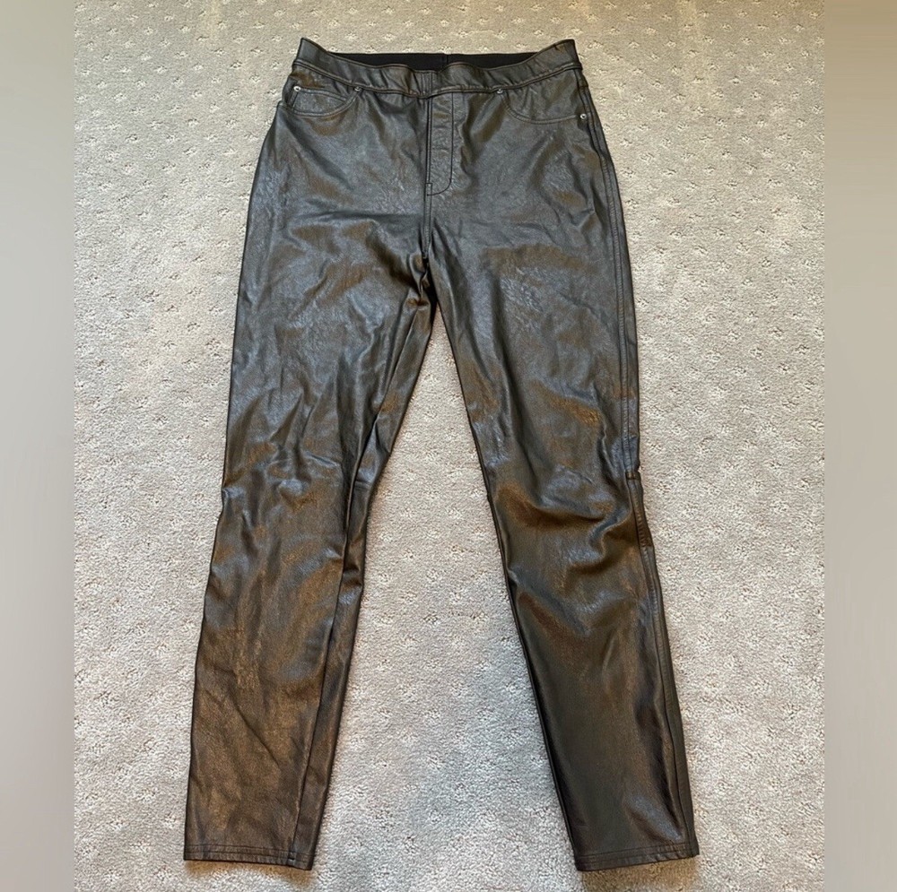 Spanx Leather-Like Ankle Skinny Pants Size Large Black Pull On Faux Leather