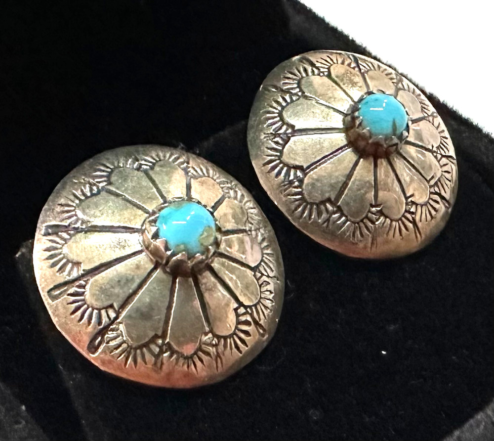 Vtg Native American Navajo Concho Turquoise Earrings MARKED 925 Sterling Silver