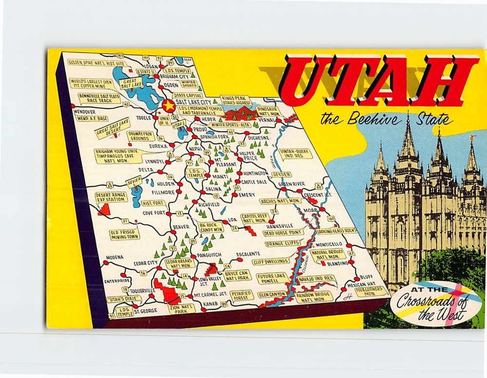 Postcard Map & Attractions Utah USA