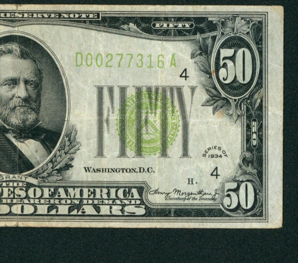 ((6 DIGIT)) $50 1934 LGS LIME ((LIGHT GREEN SEAL)) Federal Reserve Note