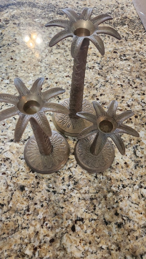 Natural Patina Brass vintage-style tropical palm tree candlestick holders