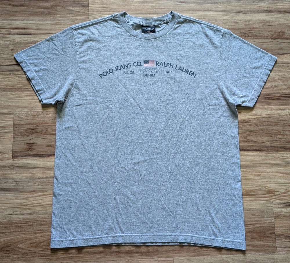 Vtg Polo Jeans Co Ralph Lauren T Shirt Mens L Gray Patriotic Flag Spellout 90s