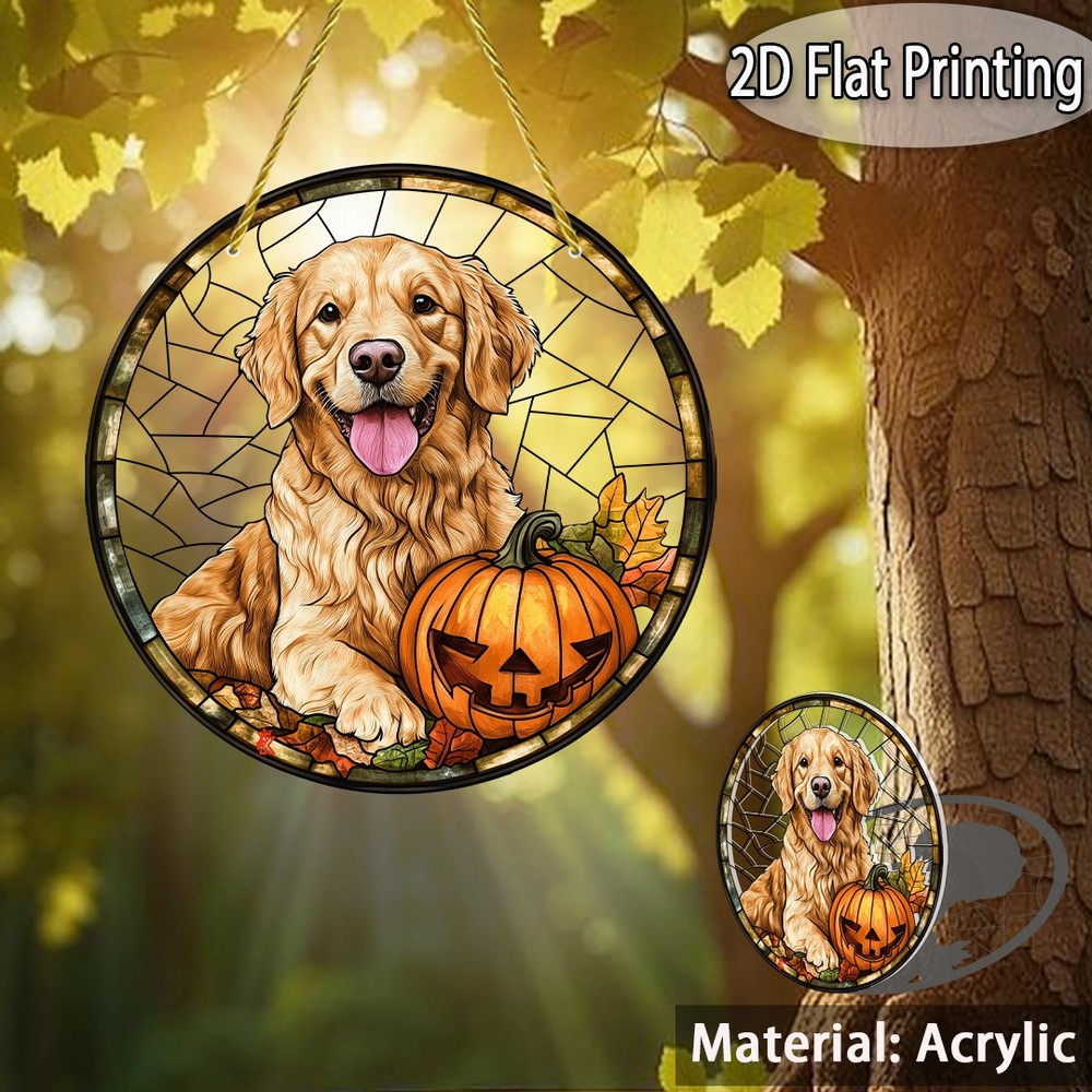 8x8 Golden Retriever Pumpkin Suncatcher Autumn Leaves for Pet Lovers Fall Decor