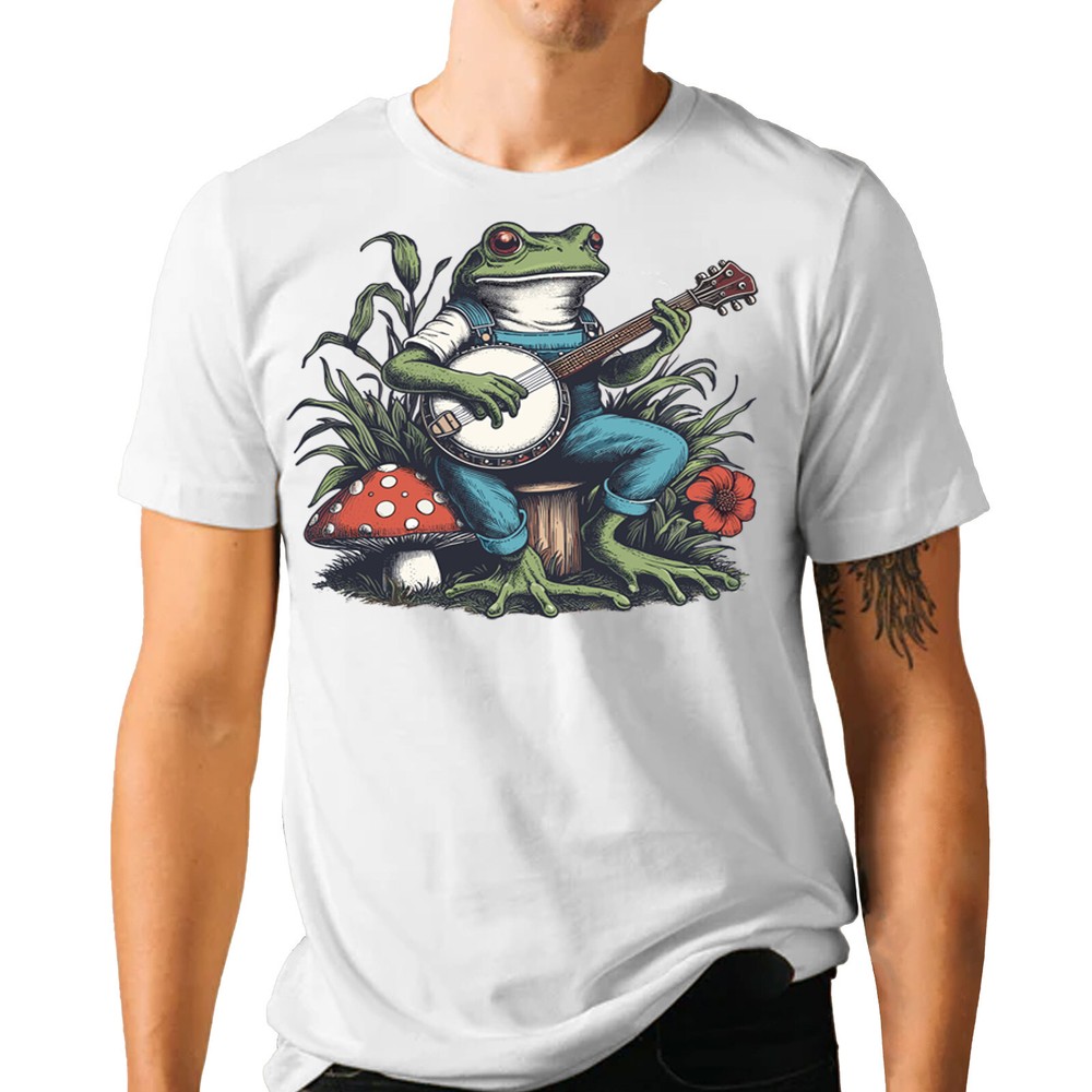 Cute Musician Frog Playing Banjo on Mushroom T-Shirt - Aesthetic Music Tee