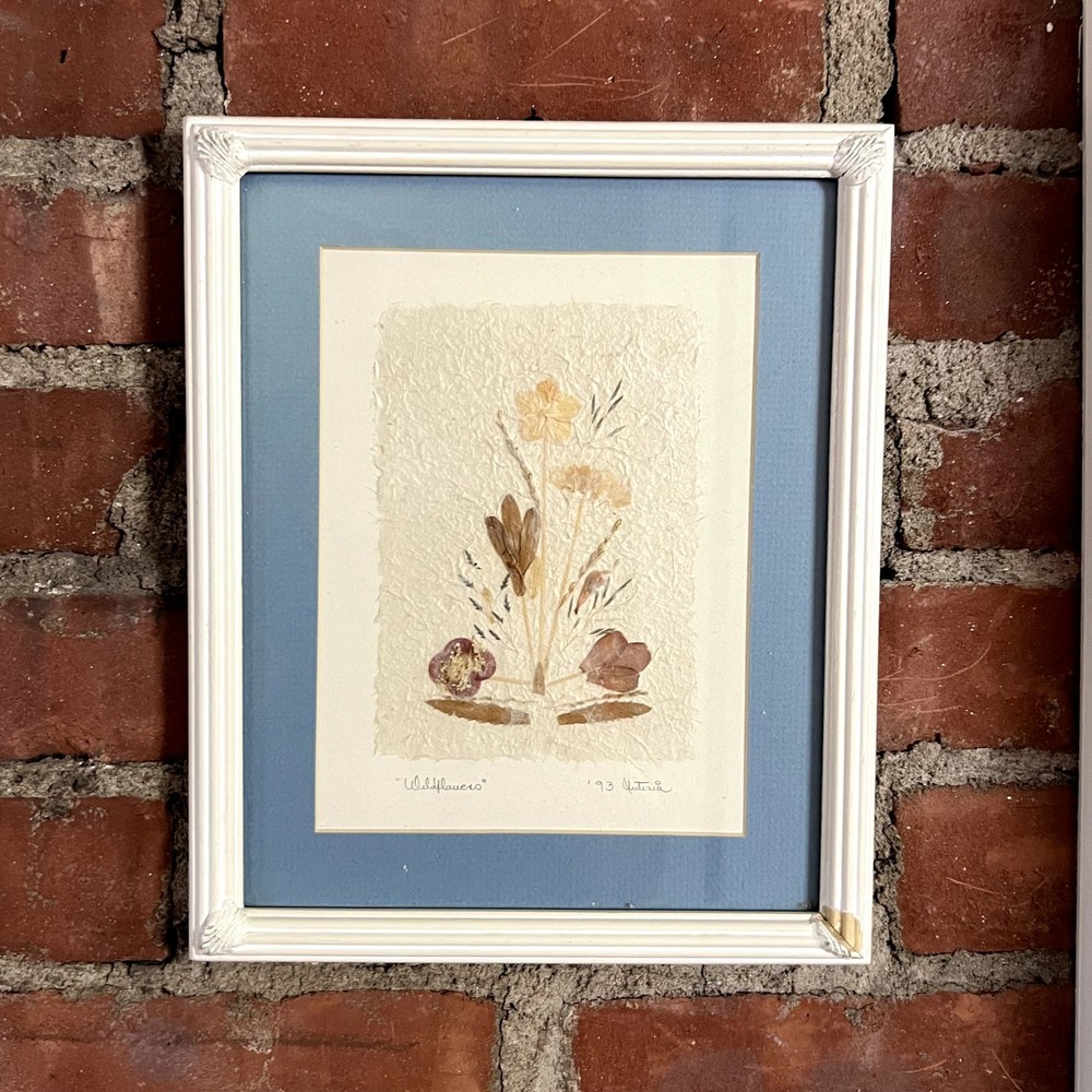 Vintage 90s Pressed Botanical Art Wildflowers Signed Framed 9x11 Cottagecore