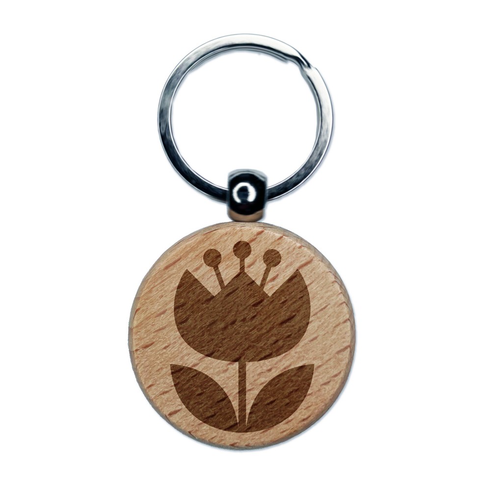 Scandinavian Engraved Wood Tulip Keychain Charm with Bulbous Design  