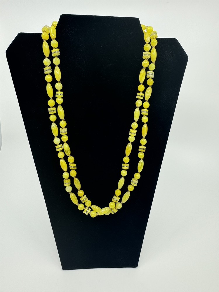 Vintage Costume Jewelry Necklace Yellow Faux Lucite Crystal Beaded Necklace Long