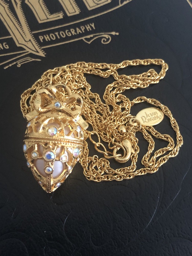 Vintage Joan Rivers Secret Of The Scroll Gold Faberge Egg Necklace With Box 90s