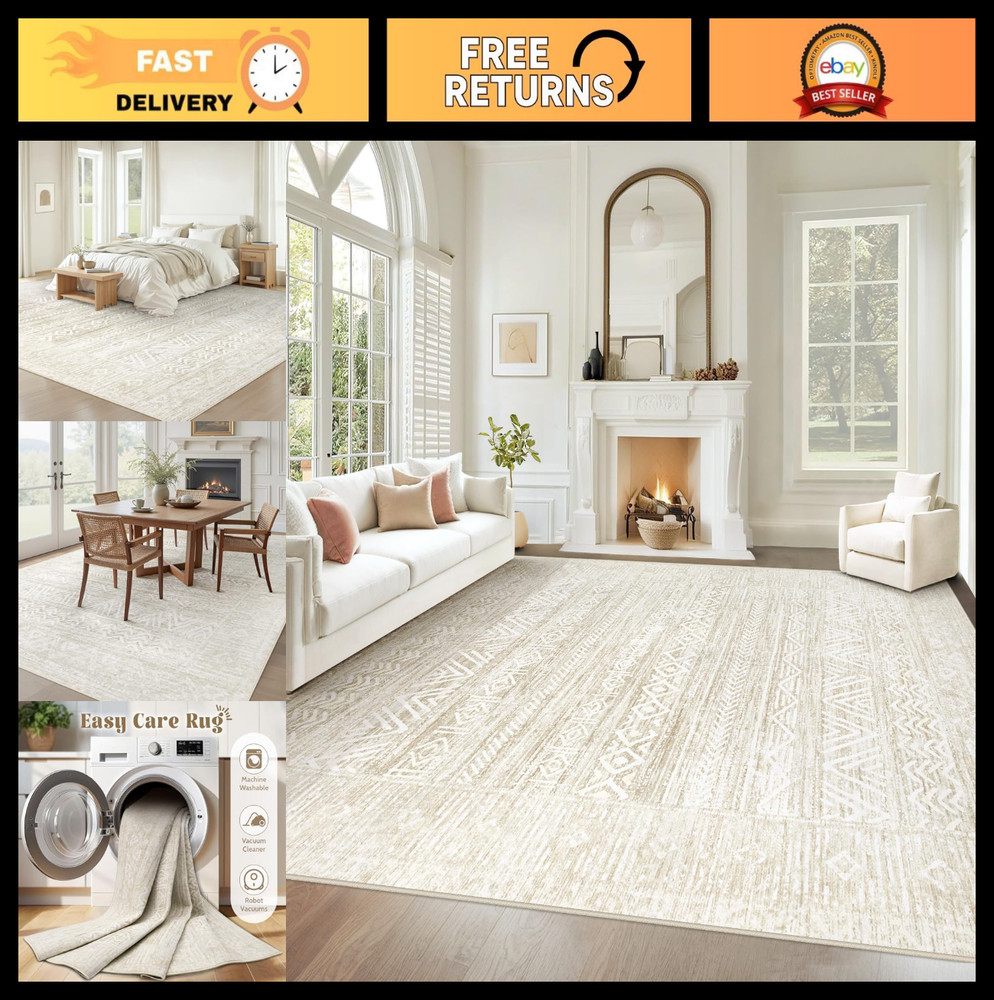 Washable 8x10 Moroccan Geometric Rug - Soft, Non-Slip, Stain Resistant for Livin