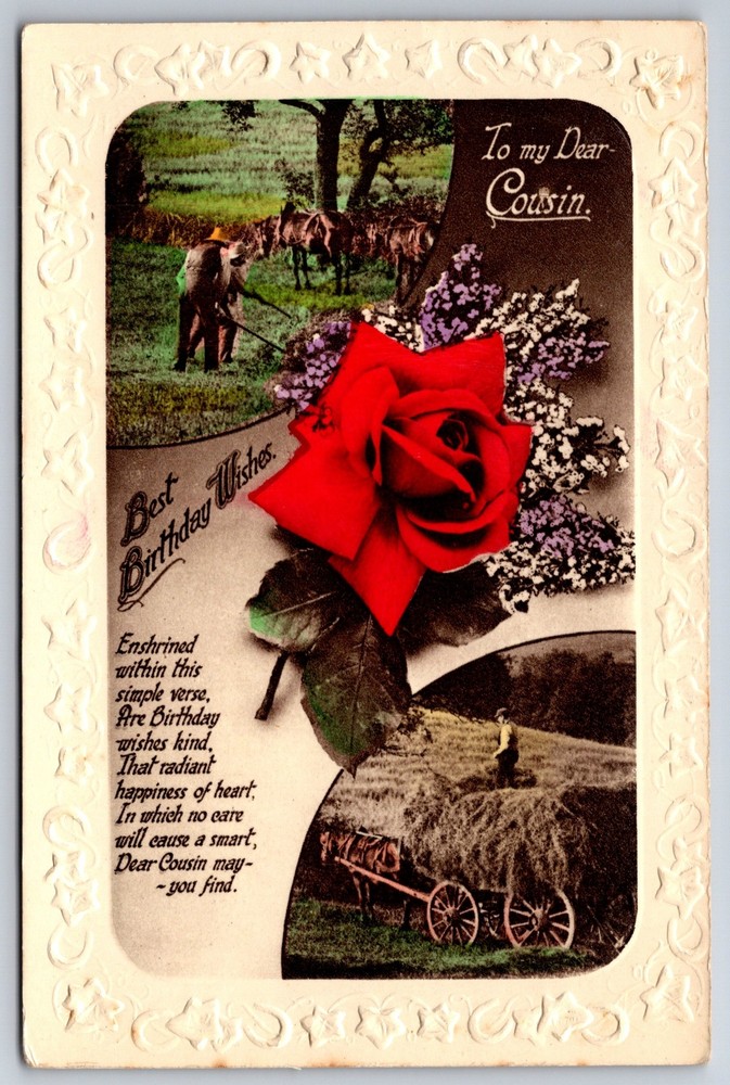 Greetings~Red Rose Flowers To Dear Cousin Birthday Wishes Poem~Vintage Postcard