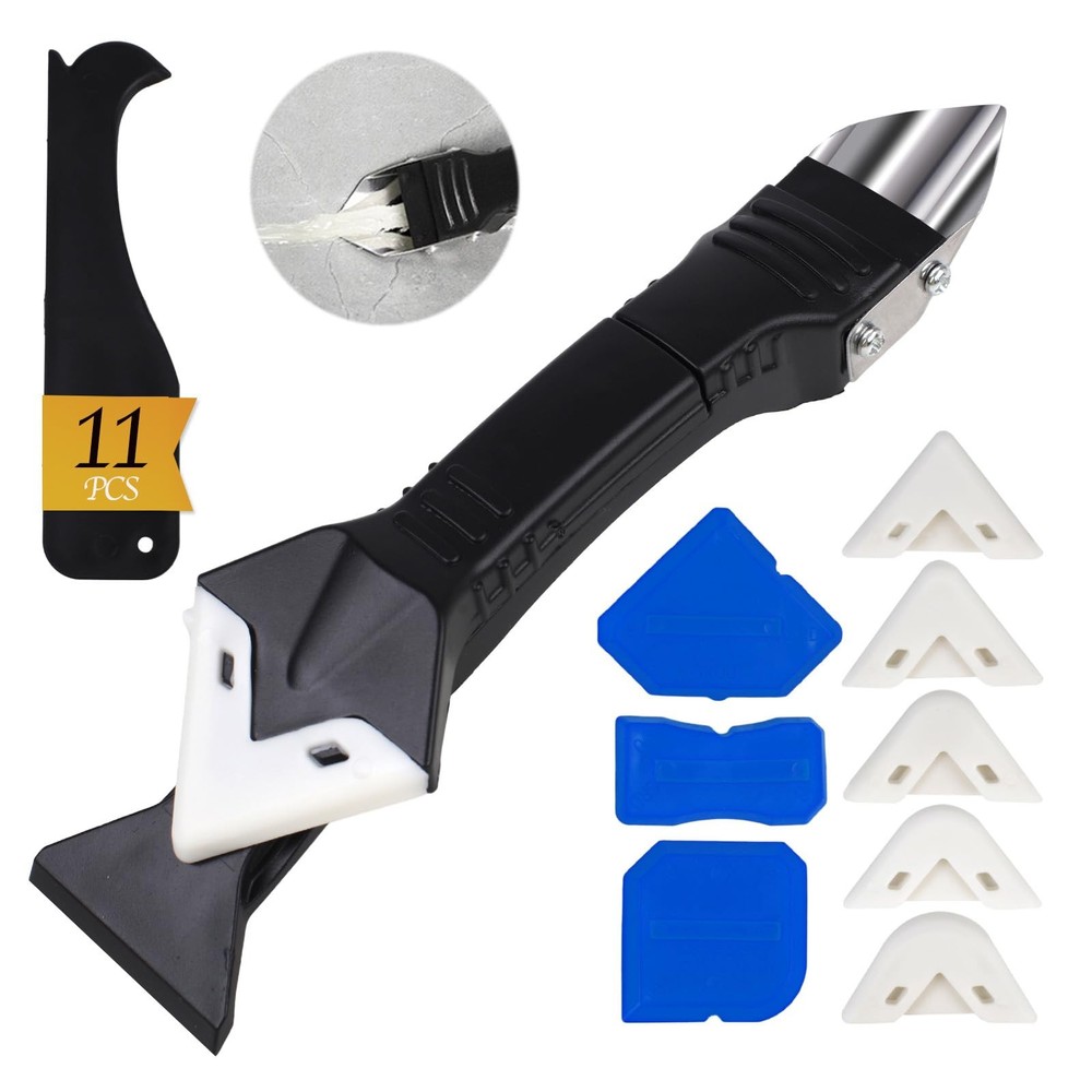 11Pcs Silicone Caulking Tools 3 in1 Grout Removal Tool(Stainless Black
