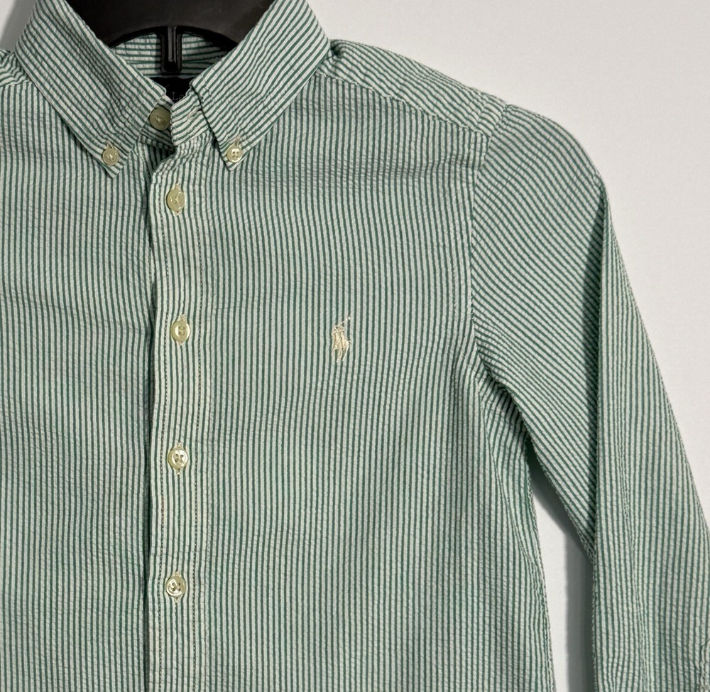 RALPH LAUREN Boys Button Down Green/White Striped Long Sleeve Shirt - Small (8)