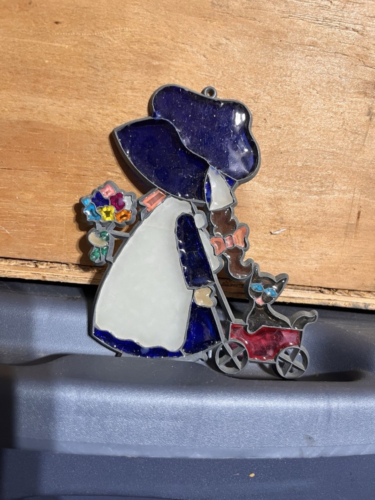 Vintage Stained Glass Holly Hobby Pulling Wagon W/Kitty Cat Suncatcher Ornament