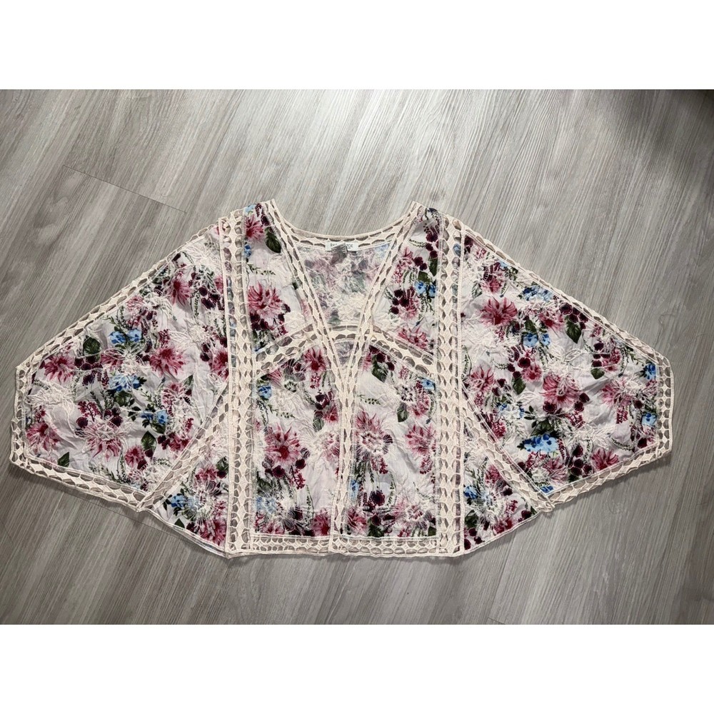 Rachel Zoe Floral Crochet Lace Kimono Wrap Top Pink Blue Boho Open Front