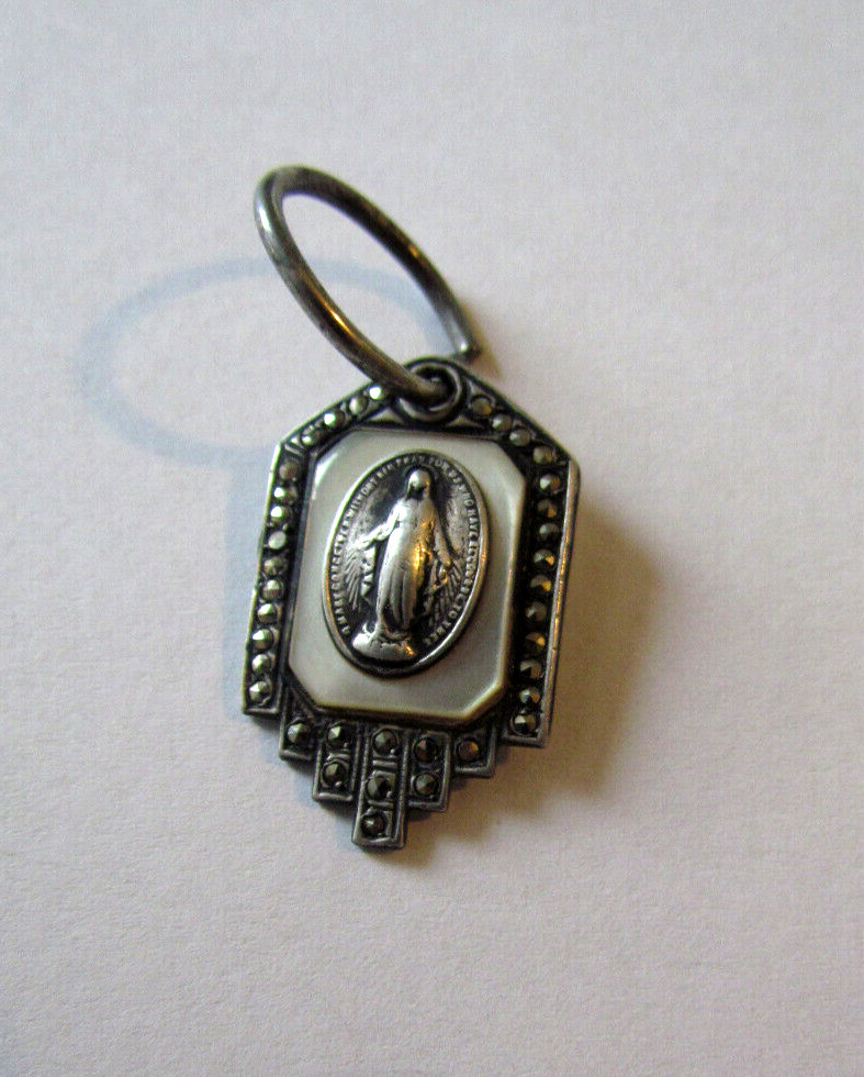 Virgin Mary Miraculous Medal Pendant Marcasite Sterling Silver Mother of Pearl