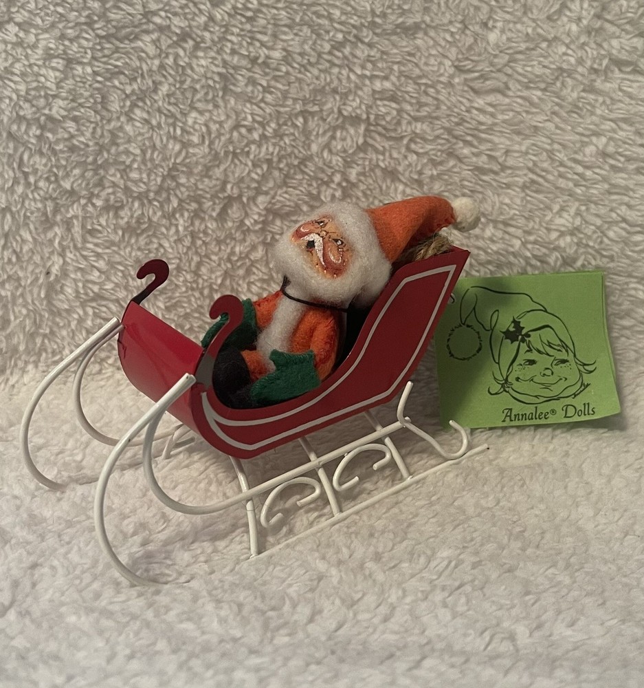 Vintage Annalee Dolls Santa In Metal Sleigh Christmas Decoration 5”