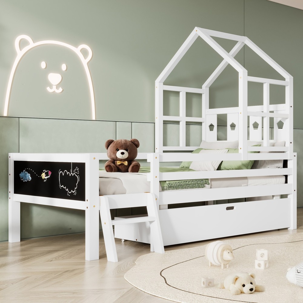 Twin Size Solid Wood House Bed with Ladder and Storage Drawers for Kids