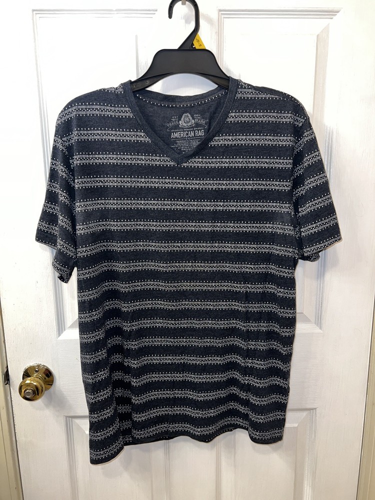 American Rag T-Shirt Mens XL Blue Striped V-Neck Short Sleeve Cotton Blend