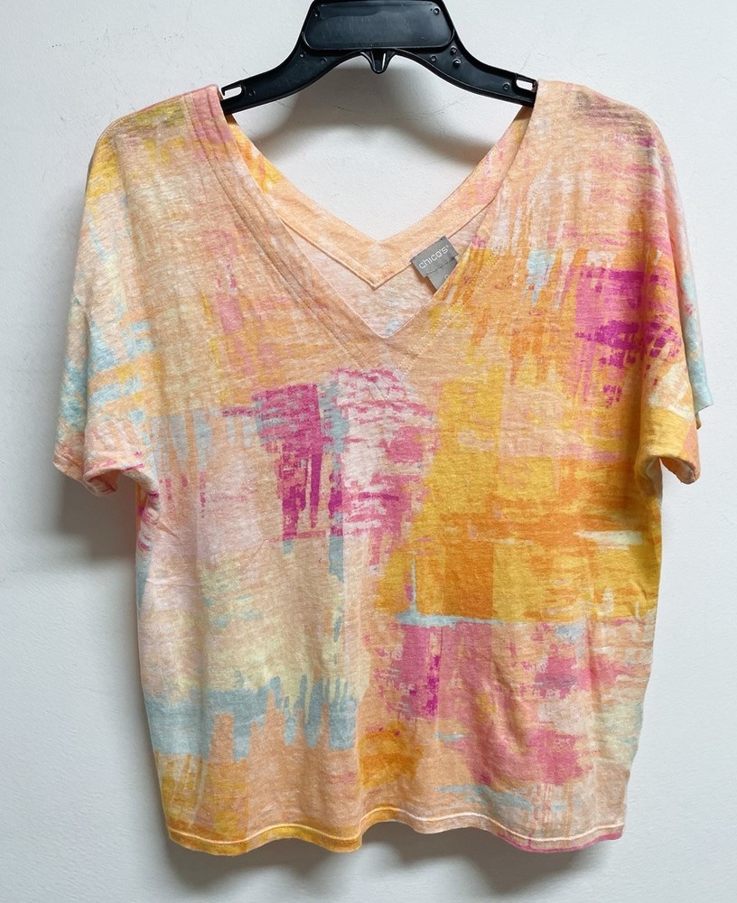 CHICO’S Size 0 Linen Double V-Neck Short Sleeve Shirt / Top - Women’s Size S