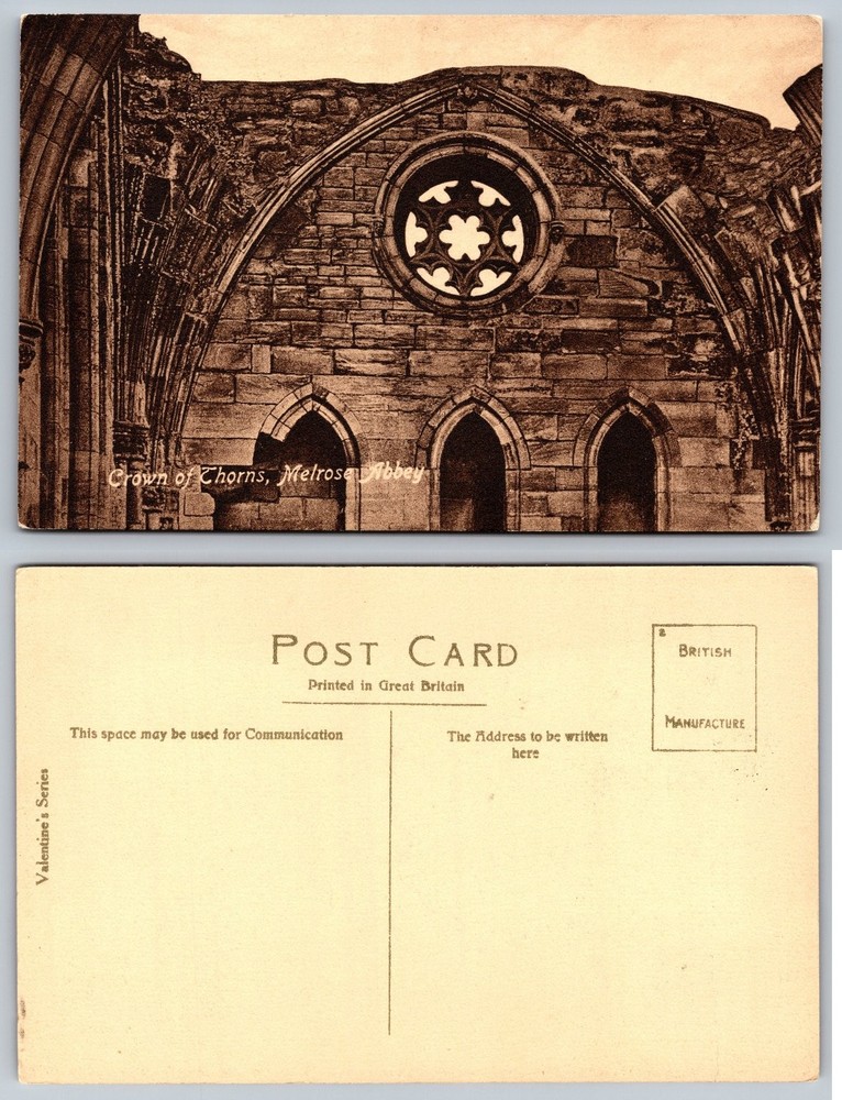 Crown of Thorns Melrose Abbey Scotland Vintage Sepia Postcard Valentine's Series