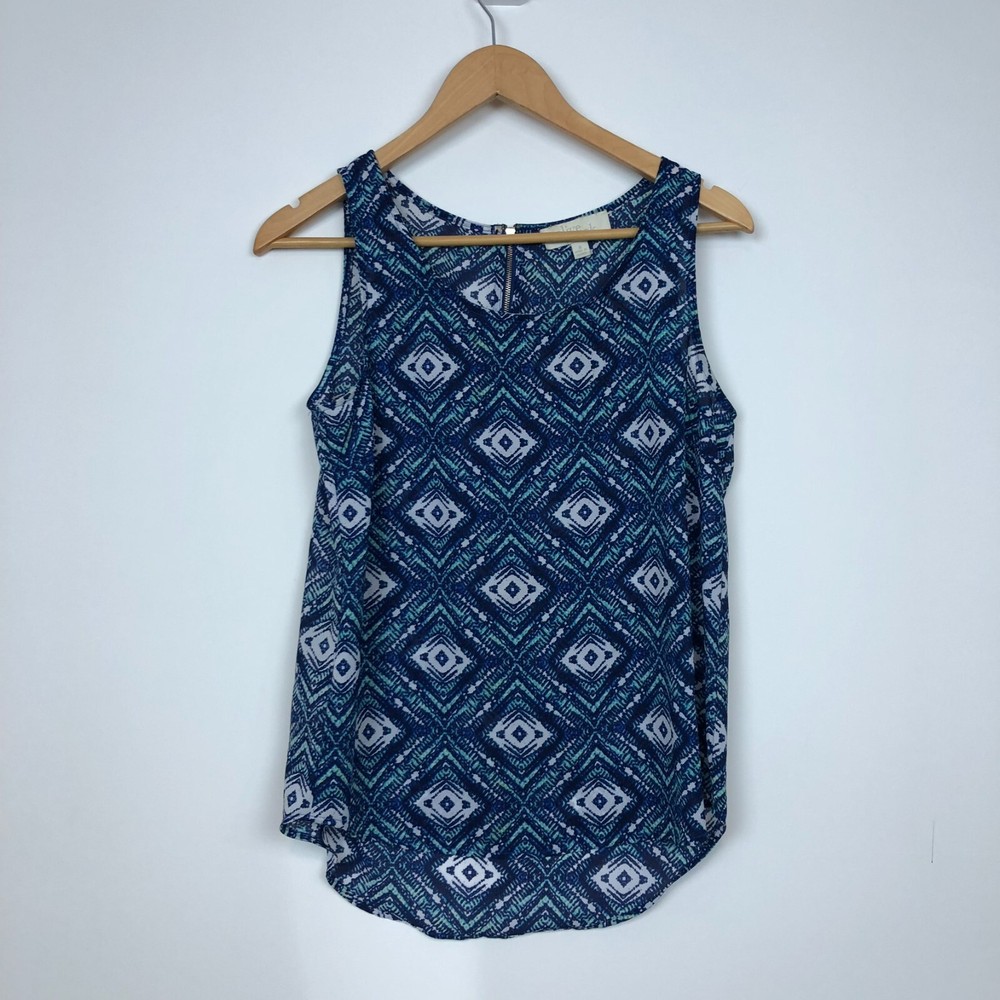 Olive & Oak Women's Printed Scoop Neck Tank Top Zip Back Blue White Size Small
