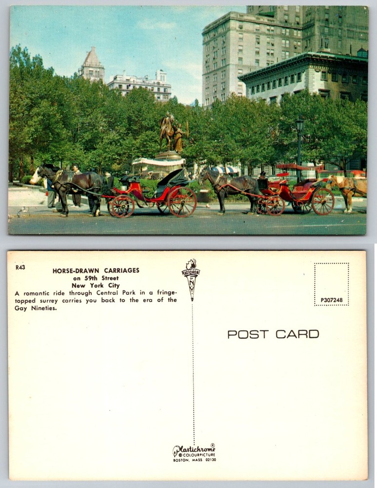 NYC 59th Street Central Park Horse Carriages Plastichrome Postcard