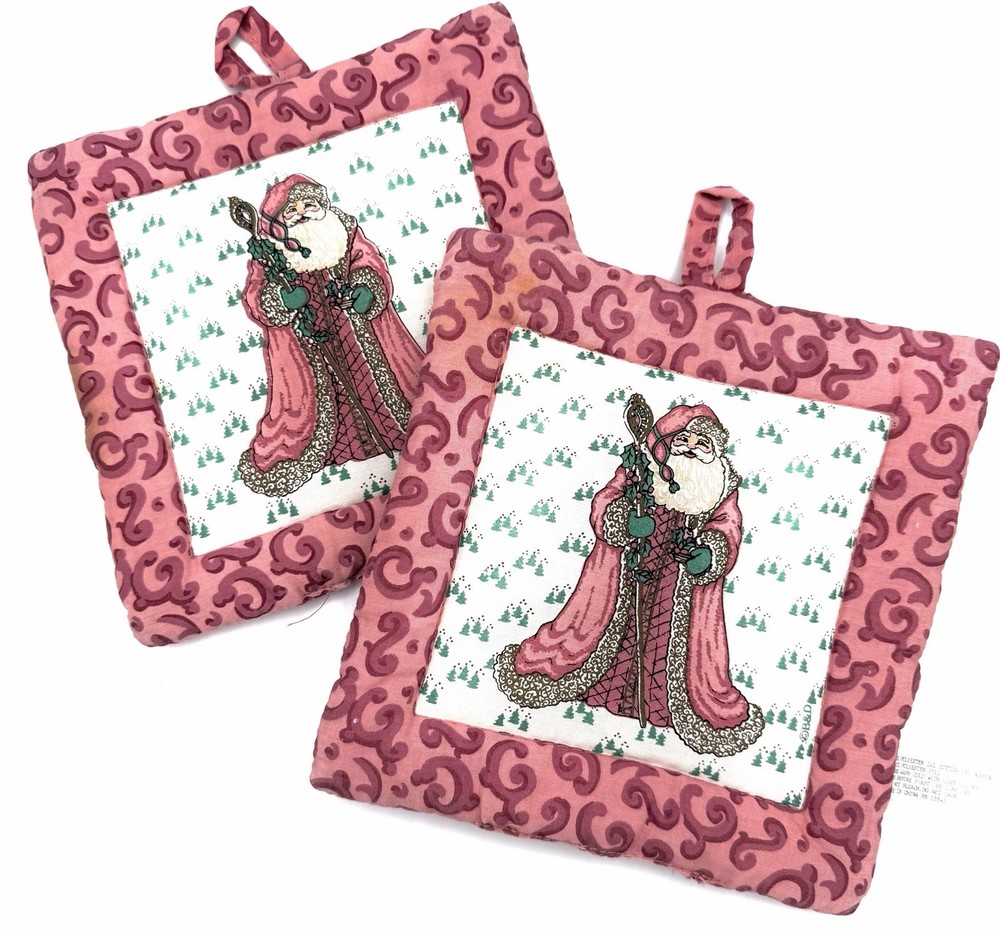 Vintage Holiday Time Christmas Floral Santa Potholder Or Trivet Set Of 2