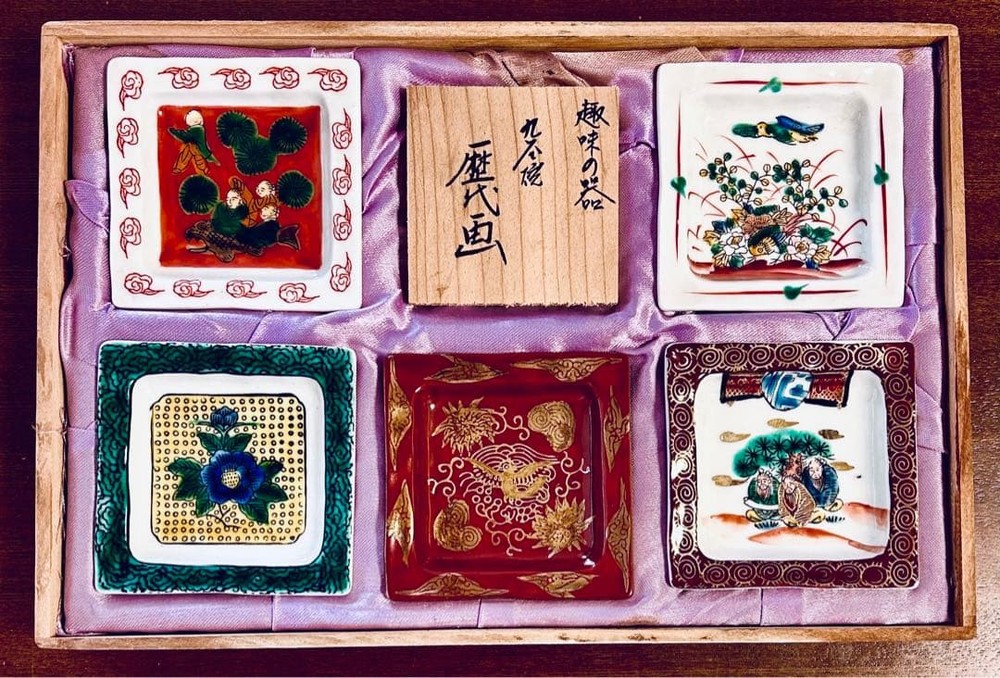 Kanazawa Kutani Ware Masterpiece Square Plate Set of 5 Handmade Ceramic