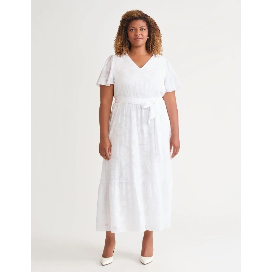 Kasper Women White Flutter-Sleeve Smock-Waist Fit & Flare Maxi Dress Size L