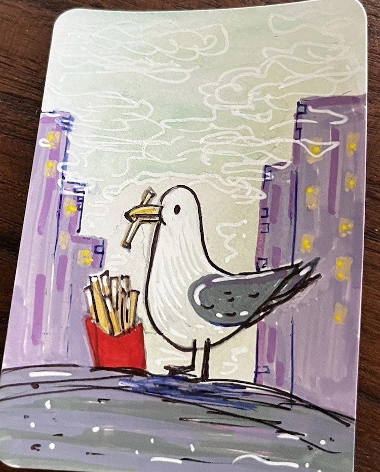 ACEO Original Whimsical Seagull Acrylic Painting Pop Art ATC OOAK Cachetmaison