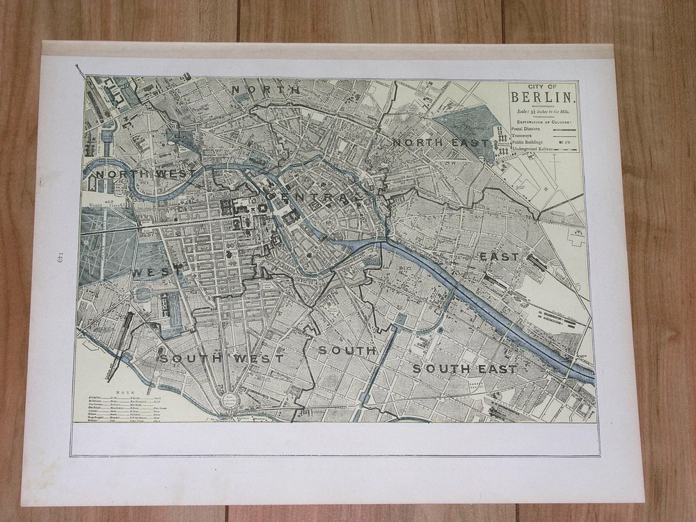 1890 Antique City Map Of Berlin / Brandenburg / Germany