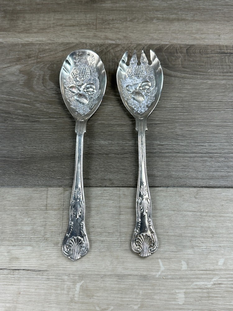 Vintage Silver Plated Salad Servers Spoon Fork Fruit Pineapple Leaves Hong Kong