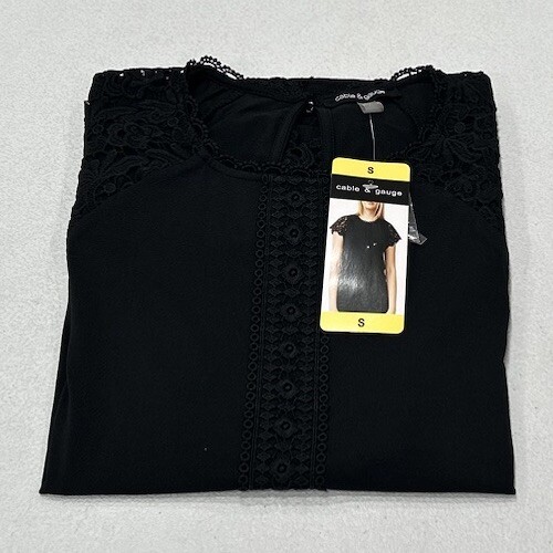 Cable & Gauge Women's Crew Neck Short Flutter Sleeve Blouse, Jet Black, Size S