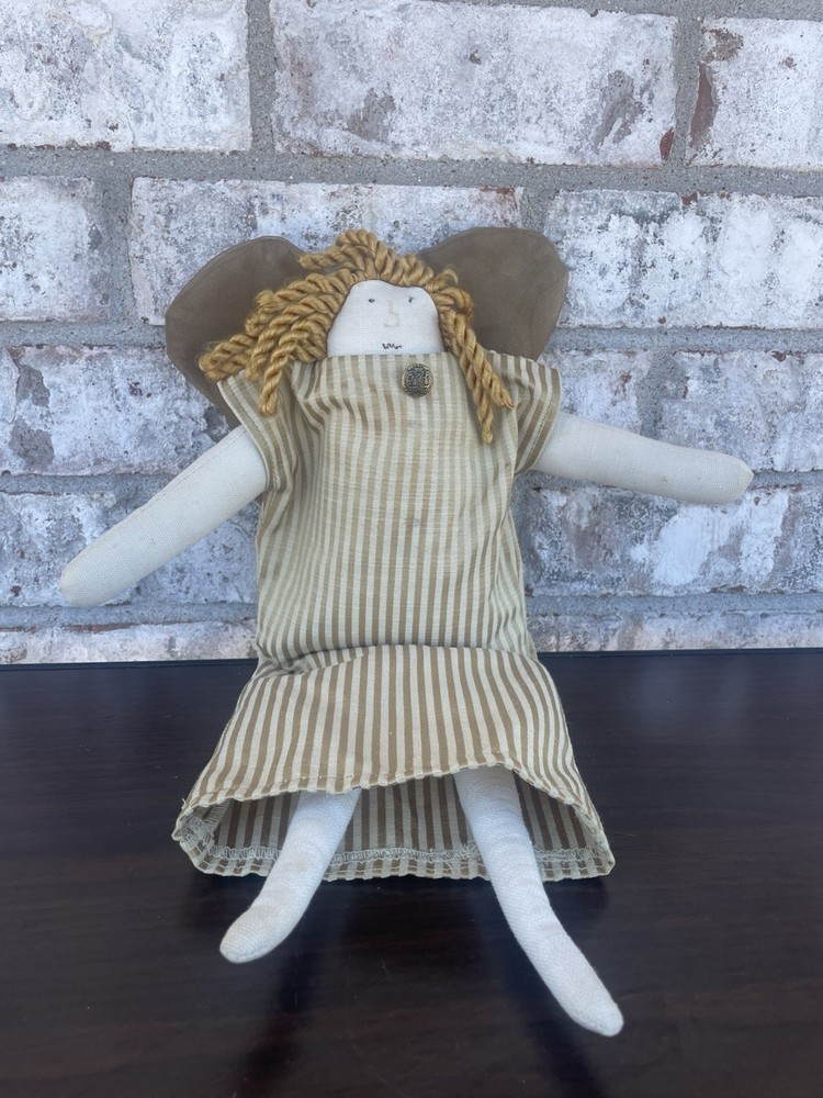 Woof And Poof ~Angel Doll~Golden Curly Hair Wings GoldStriped Dress With Button