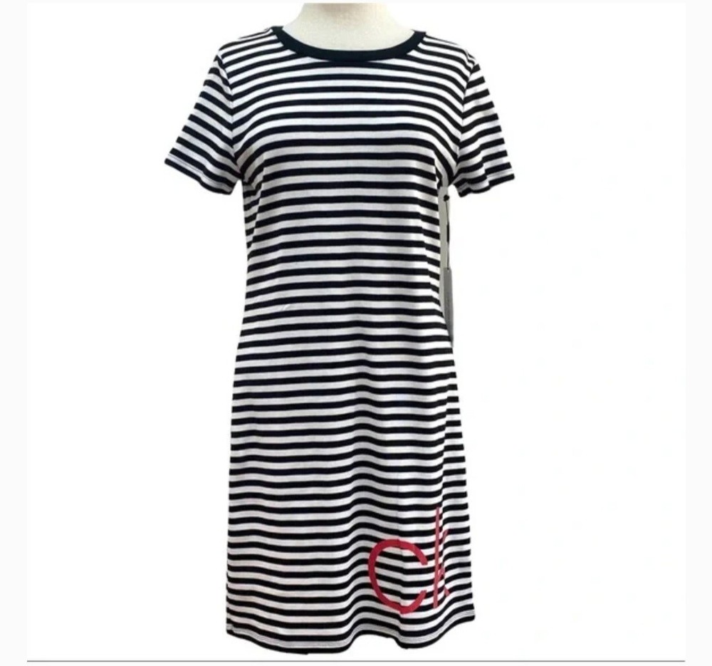 CALVIN KLEIN Black & White Striped “CK” Logo T-Shirt Dress Size L! NWOT